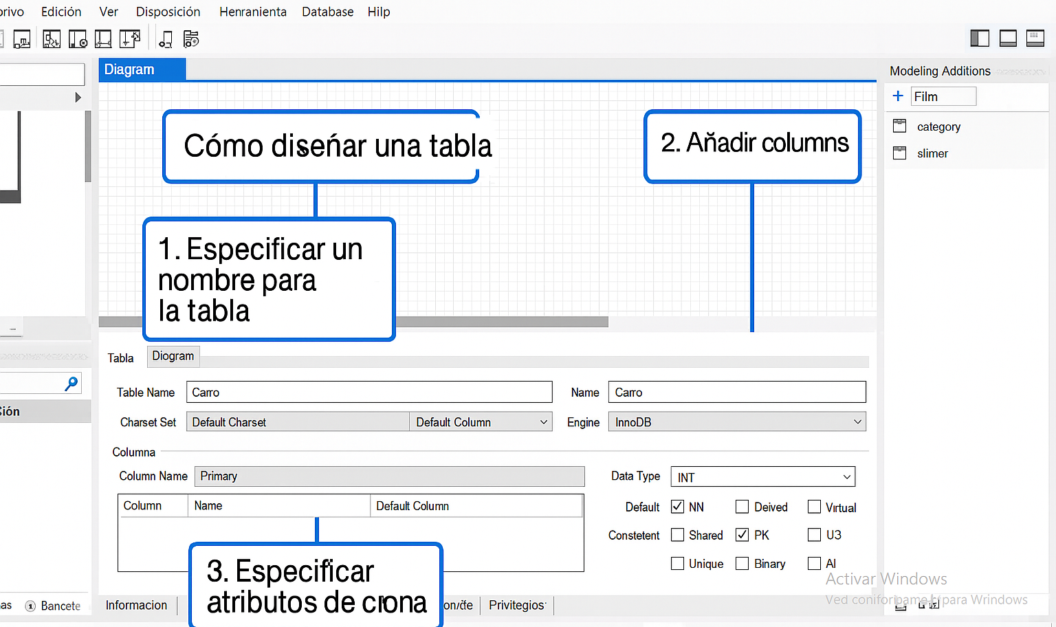 Ejemplo de diseño de tabla en MySQL